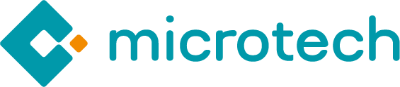 Logo von Microtech in türkis und orange mit geometrischen Formen.