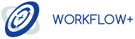 Logo von Workflow+ mit grafischen Elementen und Schriftzug in blauer Farbe.